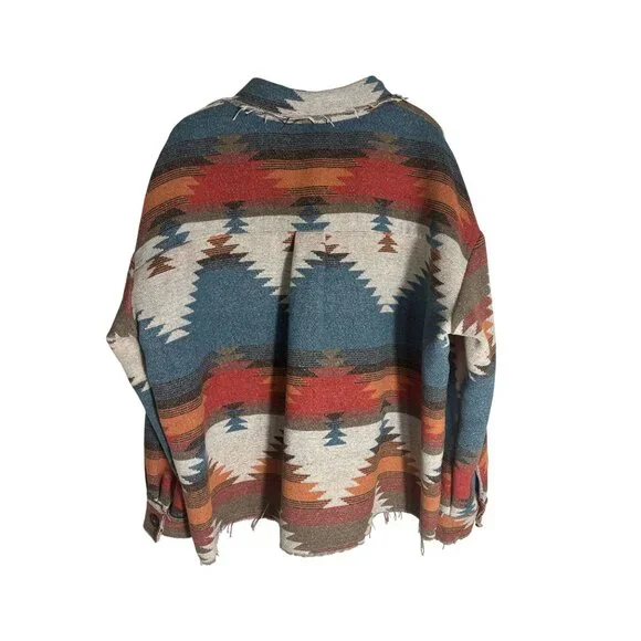 Southwestern Style Button-Down Cropped Jacket With Frayed Hem & Pockets - Picture 7 of 14